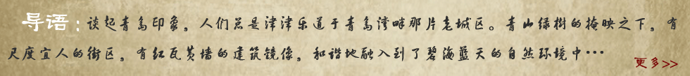 谈起青岛印象，人们总是津津乐道于青岛湾畔那片老城区。青山绿树的掩映之下，有尺度宜人的街区，有红瓦黄墙的建筑镜像，和谐地融入到了碧海蓝天的自然环境中…